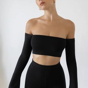 Oh Polly RENATA Long Sleeve Bardot Crop Top in Black